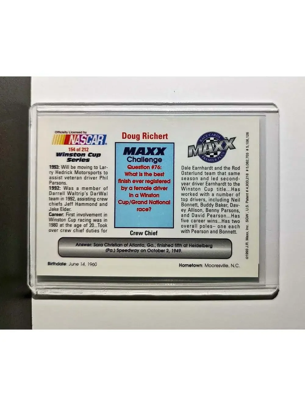 Doug Richert 1993 Maxx Premier Plus Racing #154 NASCAR Card DARWAL Inc.